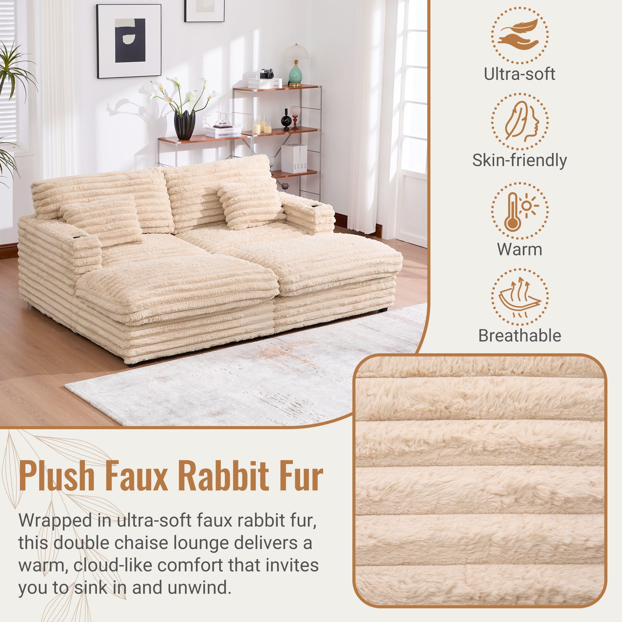 Oversized Double Chaise Lounge Sofa With USB Ports And Cup Holders