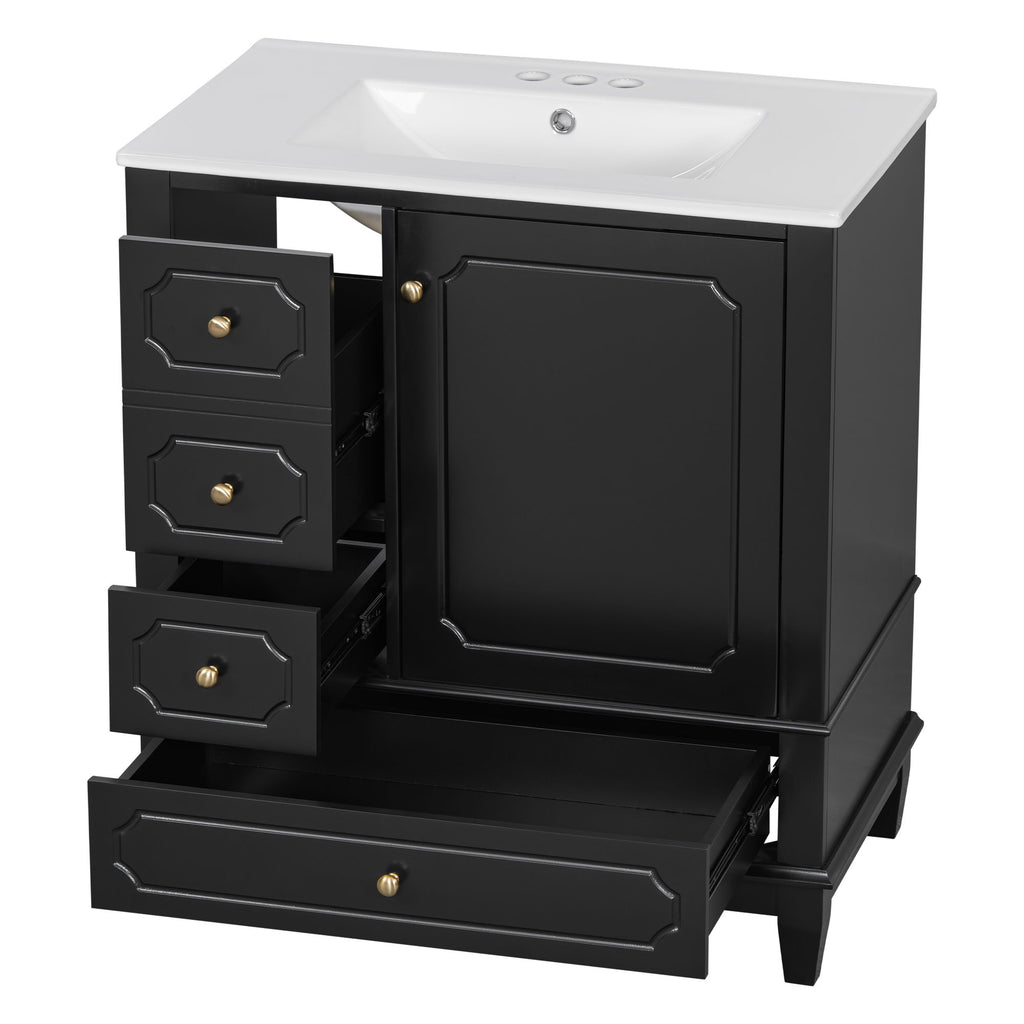 Bathroom Vanity With Sink, Freestanding Vanity Cabinet With Ceramic Basin, Soft Close Door, 3 Drawers