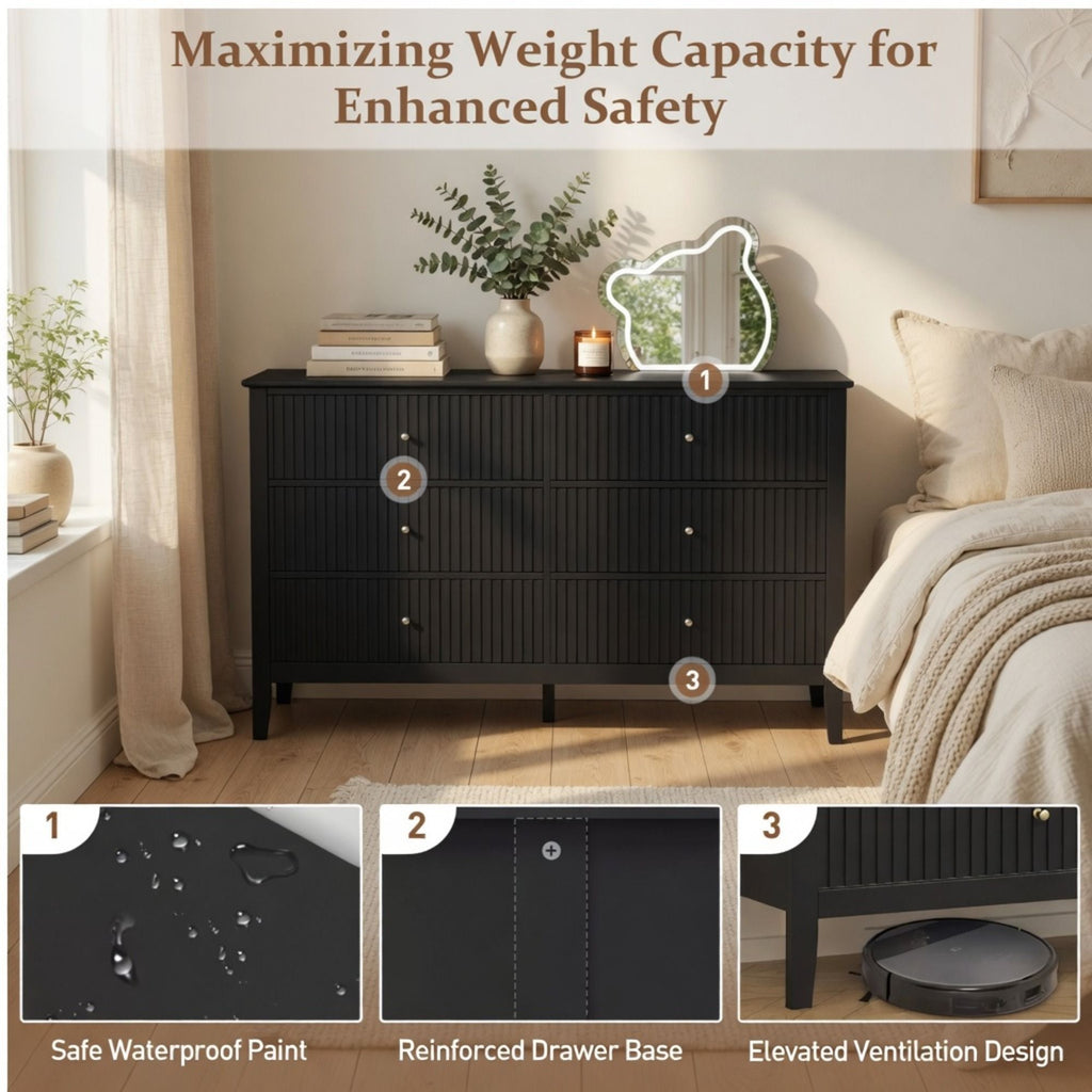 Modern 6 Drawer Fluted Dresser