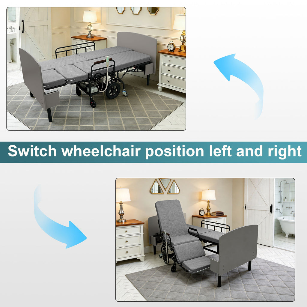 Dual Motor 3 In 1 Electric Nursing Bed Convertible To Wheelchair & Stretcher - Gray