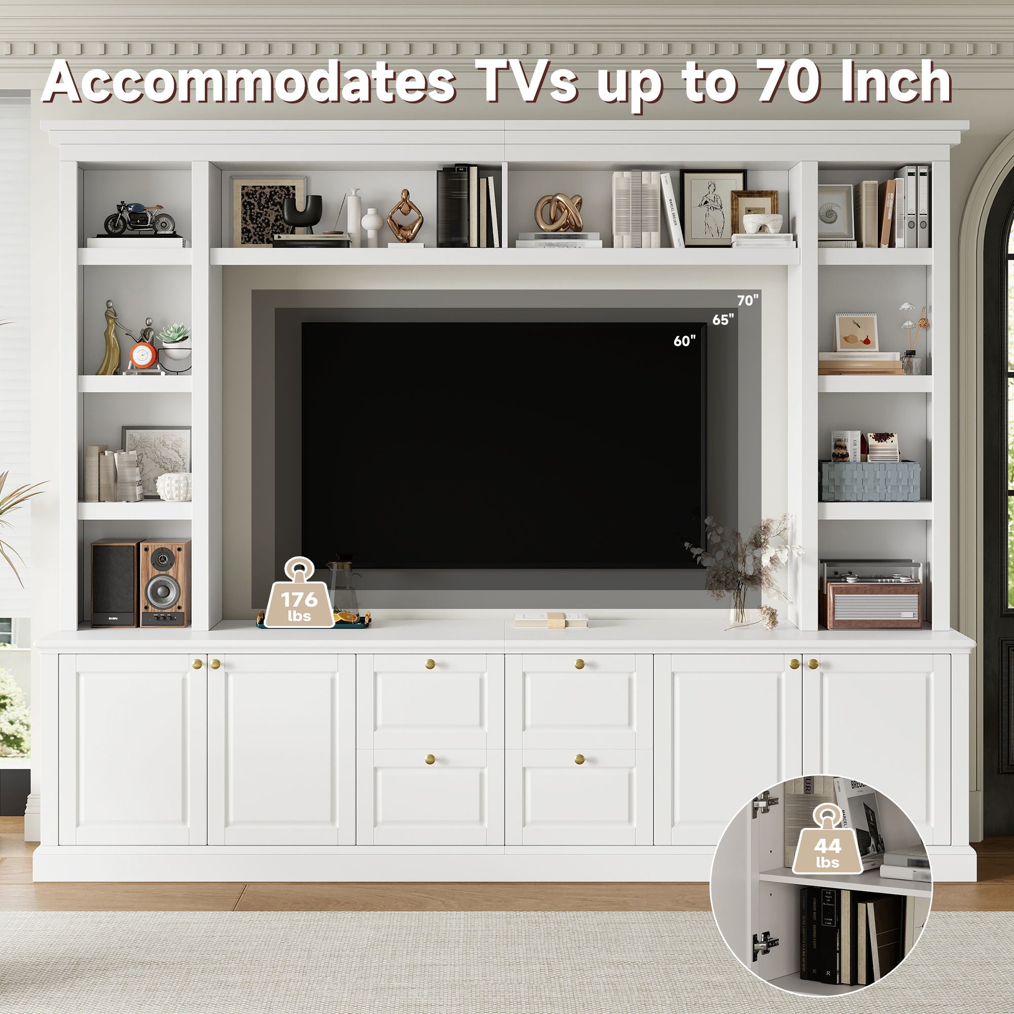 TV Stand With Bookcase, Storage Cabinet With 3 Adjustable Shelves, Living Room Entertainment Center - White