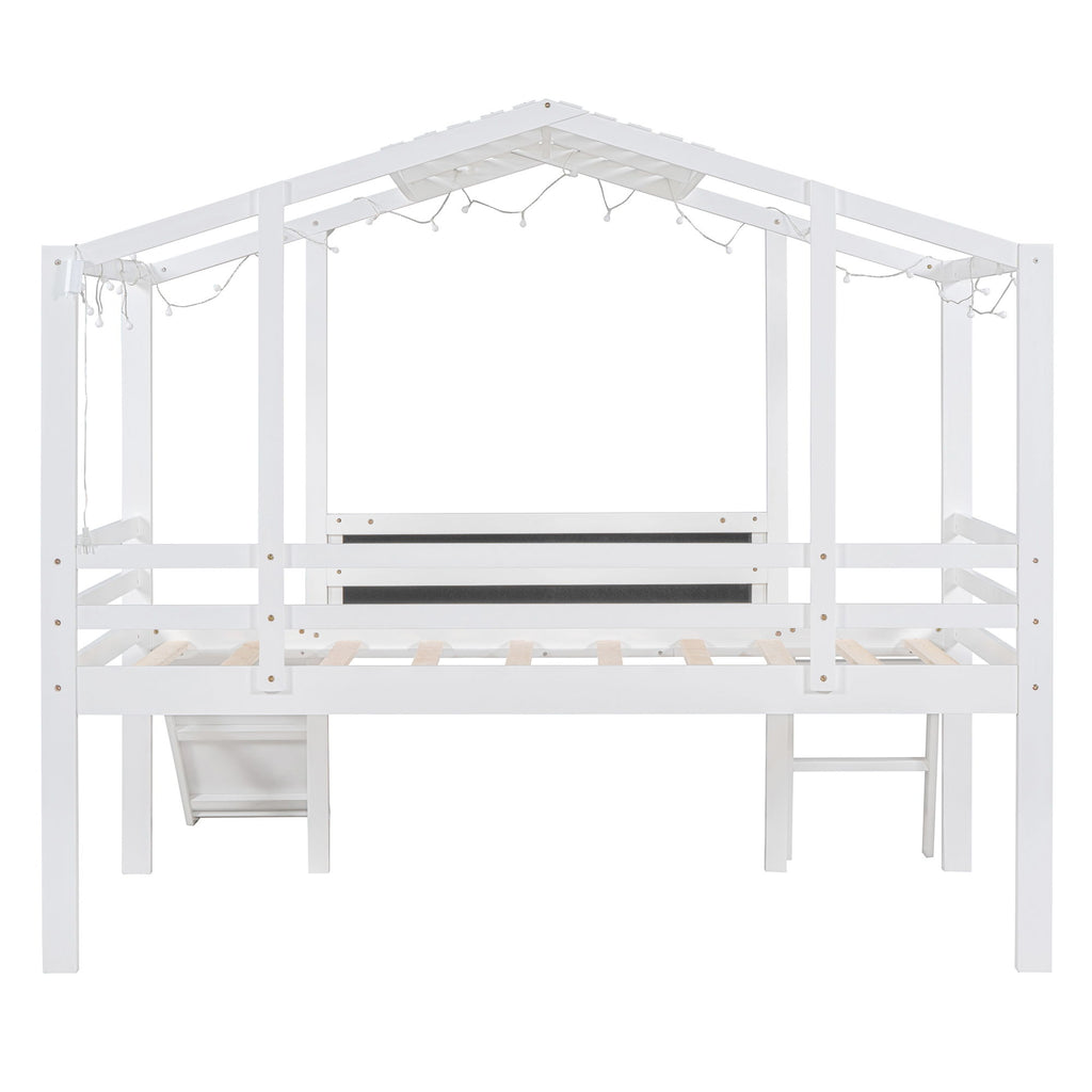 Loft House Bed With Ladder And Slide, With board And Light Strip On The Roof