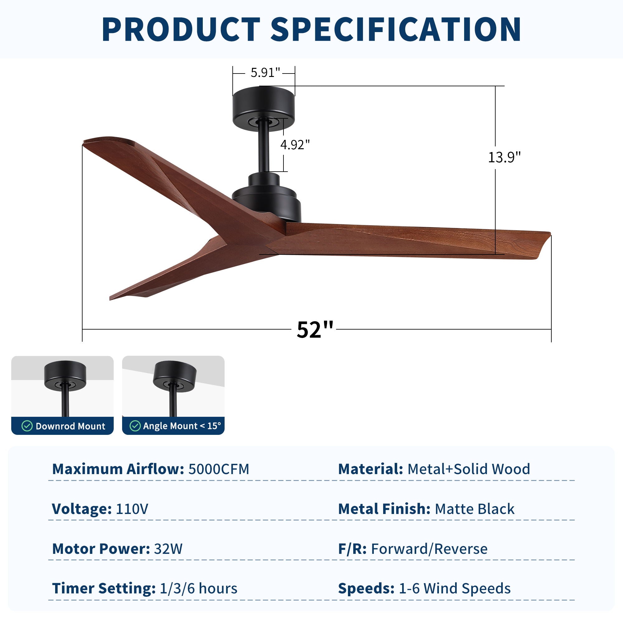 Ceiling Fan Without Light, DC Motor, No Light, Quiet Reversible Ceiling Fan For Living Room - Black