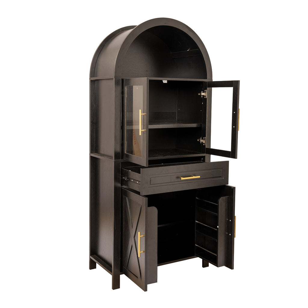 Arched Kitchen Pantry Cabinet With Adjustable Shelves And Barn Door Design