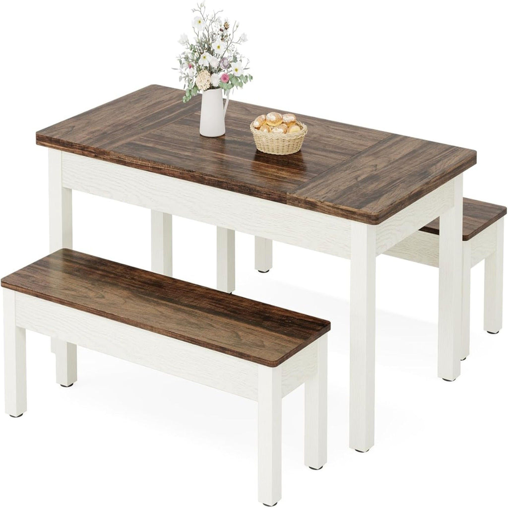 Dining Table Set For 4 - 6 With 2 Tuck Under Benches - Brown / White
