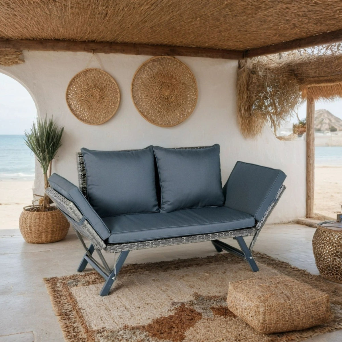 1 Pieces Patio Wicker Side Foldable Bench Patio Backyard Conversation Bench Gray Wicker - Dark Gray / Gray