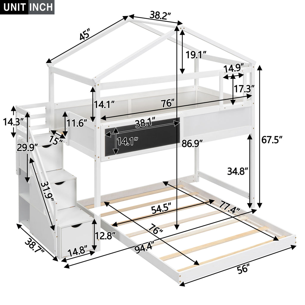 House Style Bunk Bed With Storage Staircase And board