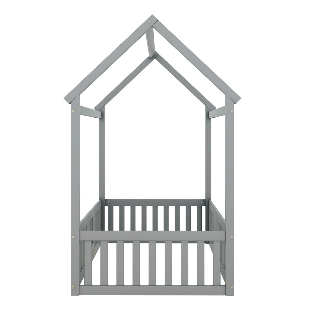 Wood House Bed With Fence And Door