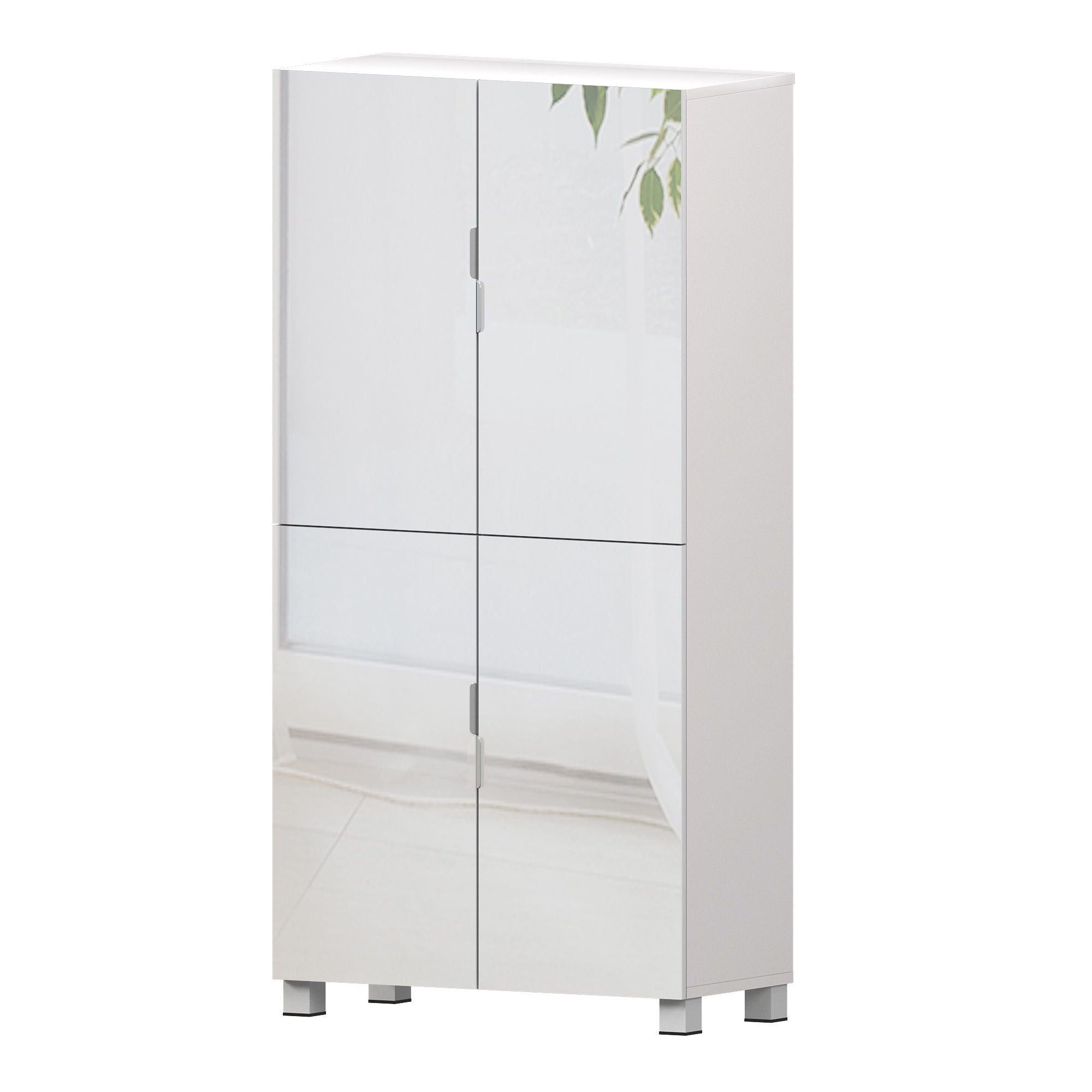 Shoe Cabinet With 4 Mirror Doors 50" Tall Entryway Storage, 8 Adjustable Shelves, Holds 24 32 Pairs (Size 15), Dust Proof Closet For Hallway / Apartment, Ventilation Holes - White