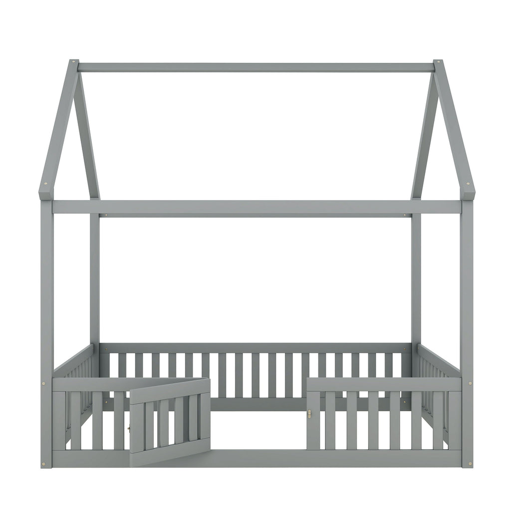 Wood House Bed With Fence And Door