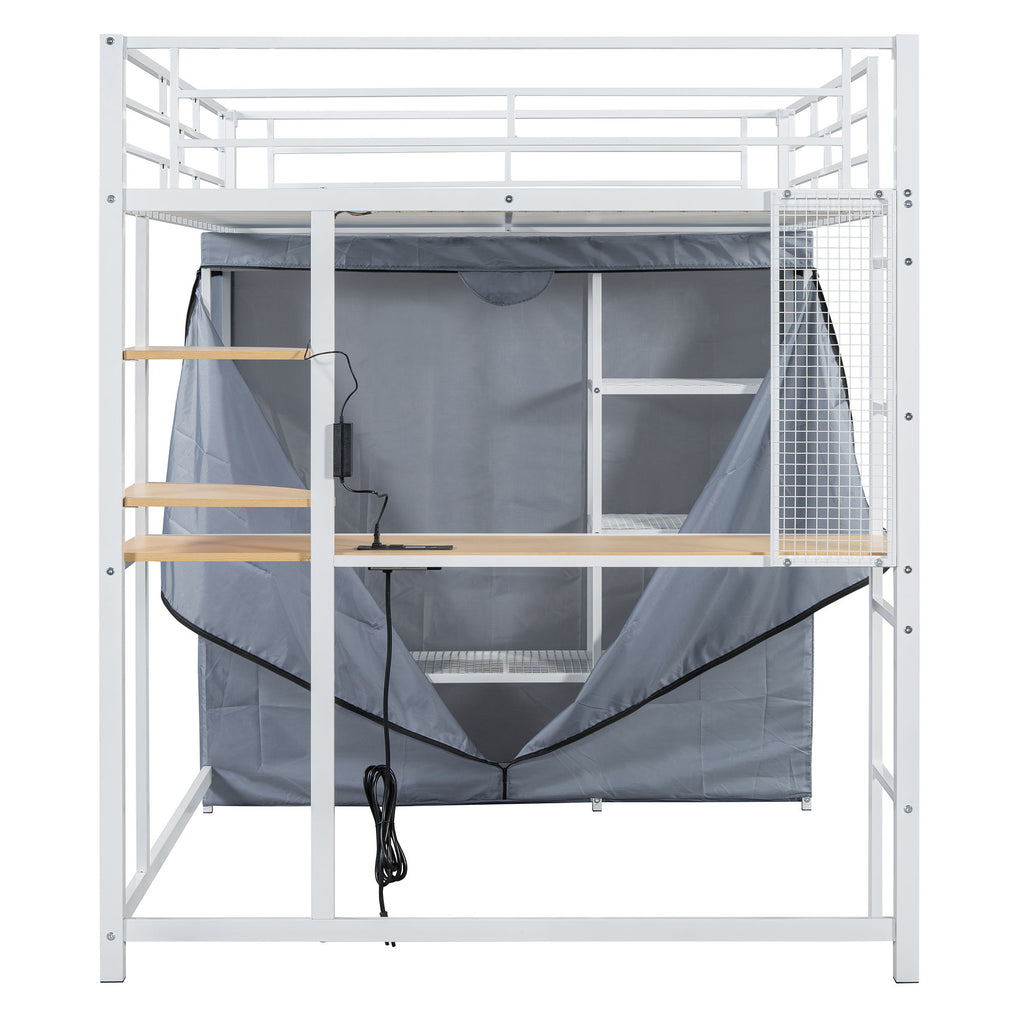 Loft Bed With Desk, Shelves, Power Outlet, LED Light And Wardrobe