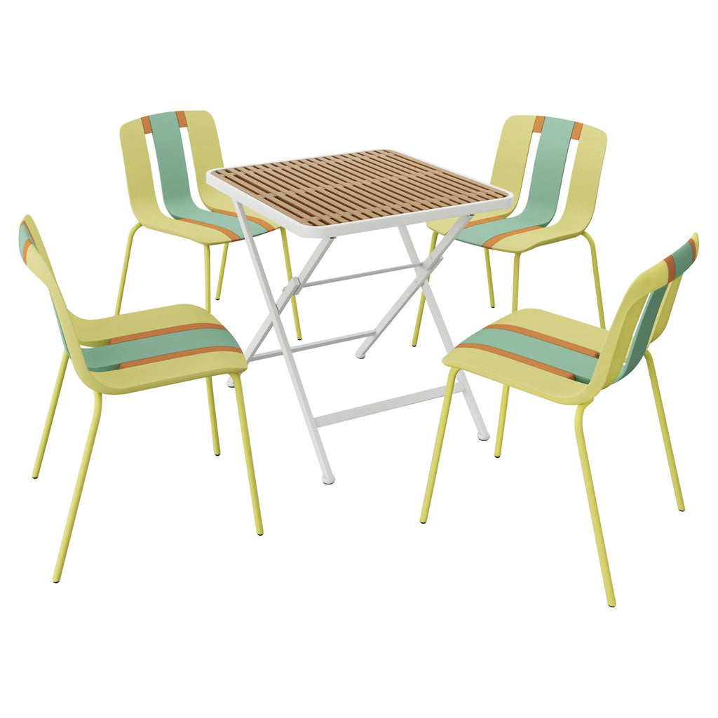 4 Piece Set Of Color Block Designed Single Chairs With Folding Square Table - Grain Yellow / Haze Green / Khaki / Tropical Orange / White