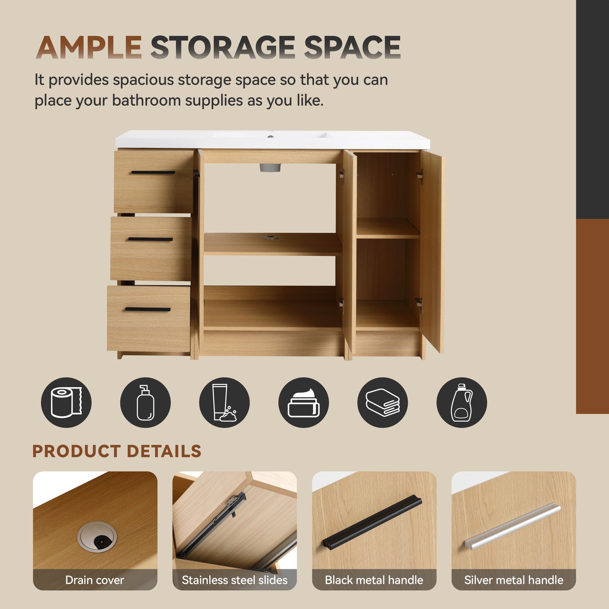 Freestanding Bathroom Vanity Set With Tall Side Cabinet, 3 Drawers And 3 Door Cabinet, Integrated Sink, Large Storage - Glossy White / Light Oak