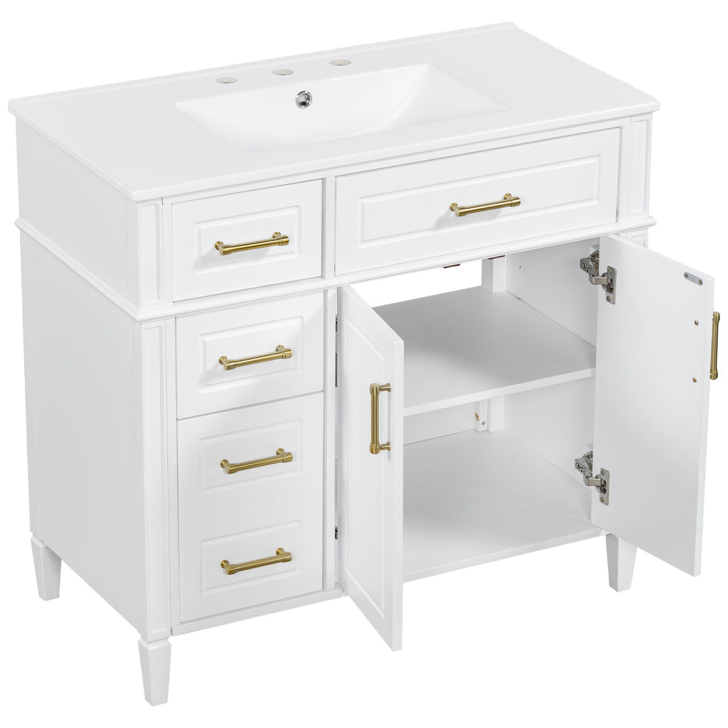 Bathroom Vanity With Sink, 4 Drawers (1 Flip Drawer), 2 Doors & Adjustable Shelf - White