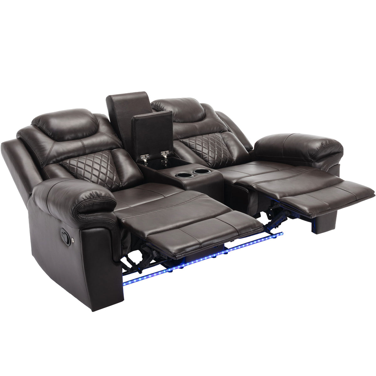 3 Pieces Recliner Sofa Sets Home Theater Seating Manual Recliner Chair & Center Console And LED Light Strip For Living Room - Brown