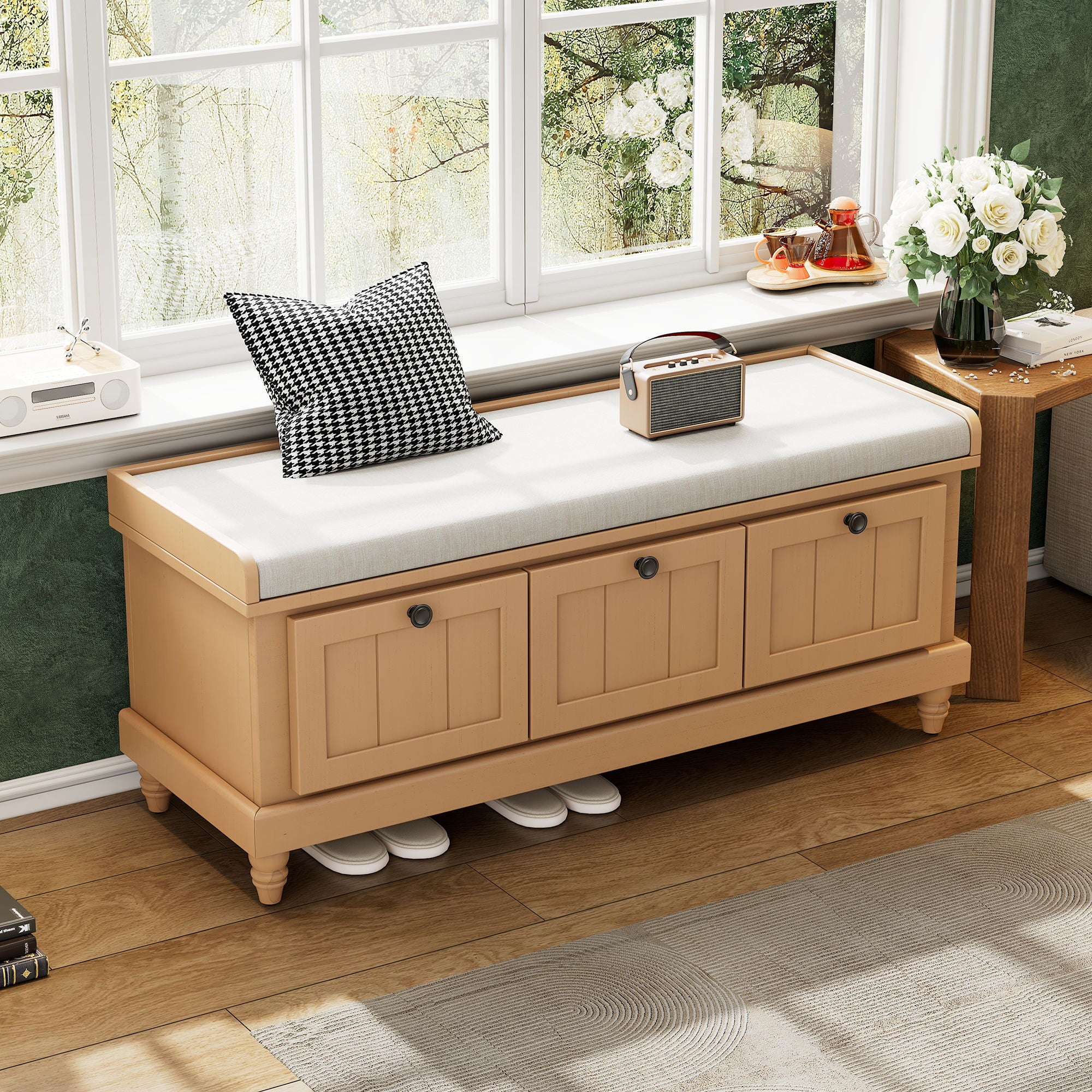 Shoe Bench With Cushion And 3 Drawers - Natural