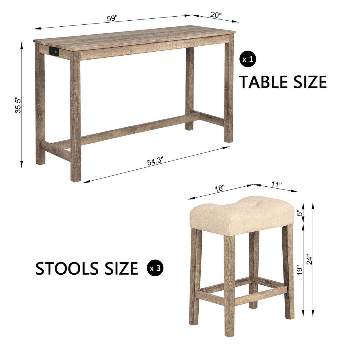 4 Piece Bar Table Set With Power Outlet, 3 Padded Stools