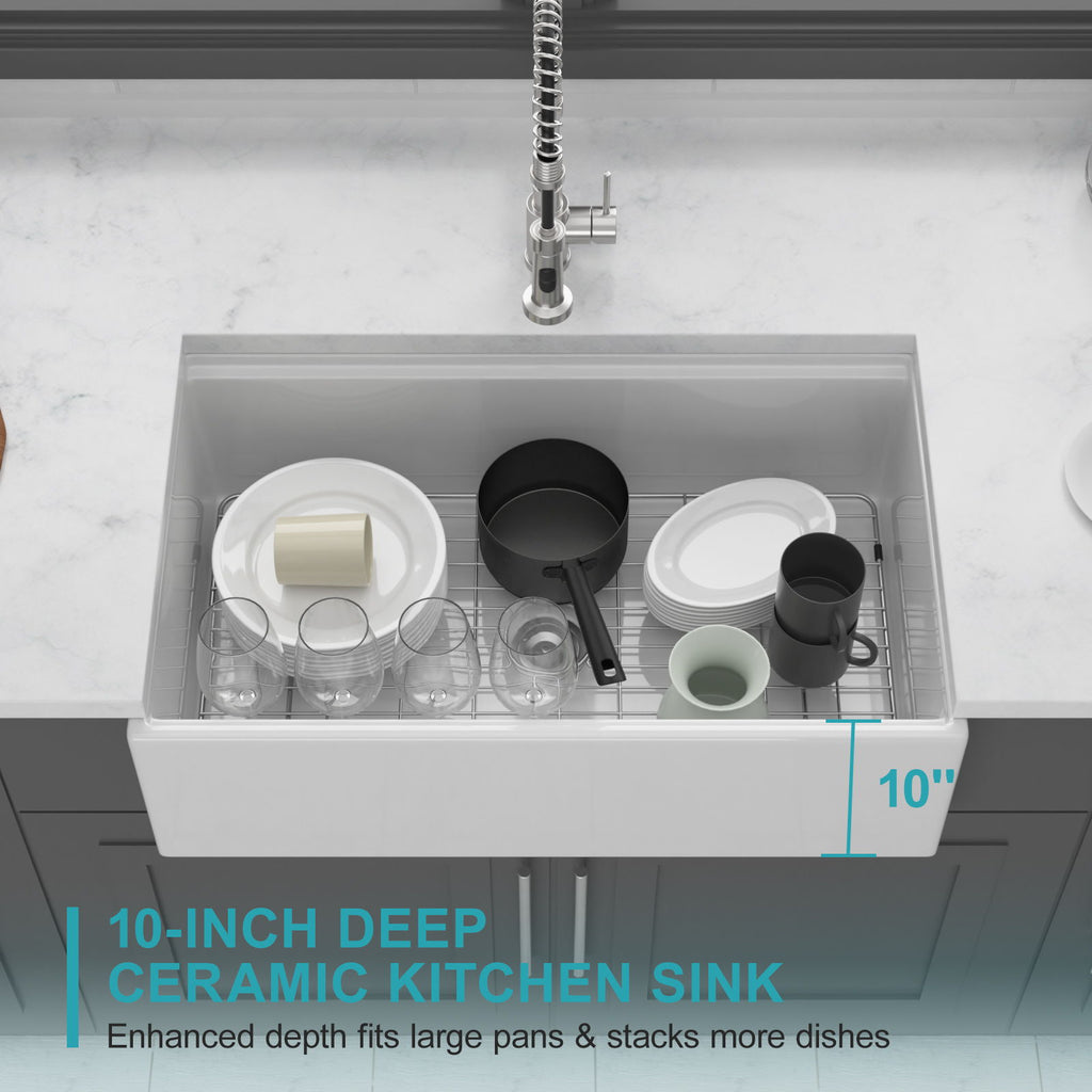Porcelain Ceramic Farmhouse Sink Workstation With Reversible Apron Design - Single Bowl