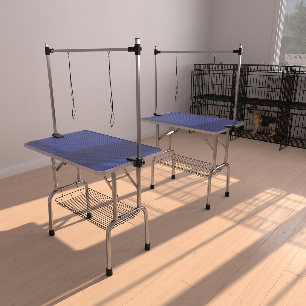 Folding Dog Pet Grooming Table Stainless Steel Frame Rubber Mat On Board With Adjustable Arm And Clamps Pet Dog Cat Grooming Table