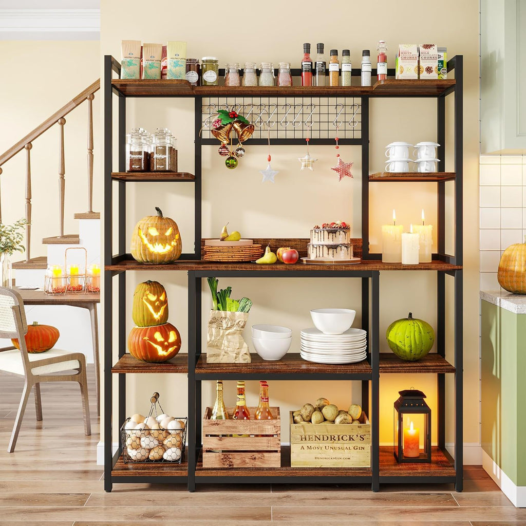Baker's Rack With Hutch, 5 Tier Kitchen Storage Shelf, Freestanding Utility Pantry Organizer With Hooks And Microwave Stand - Black