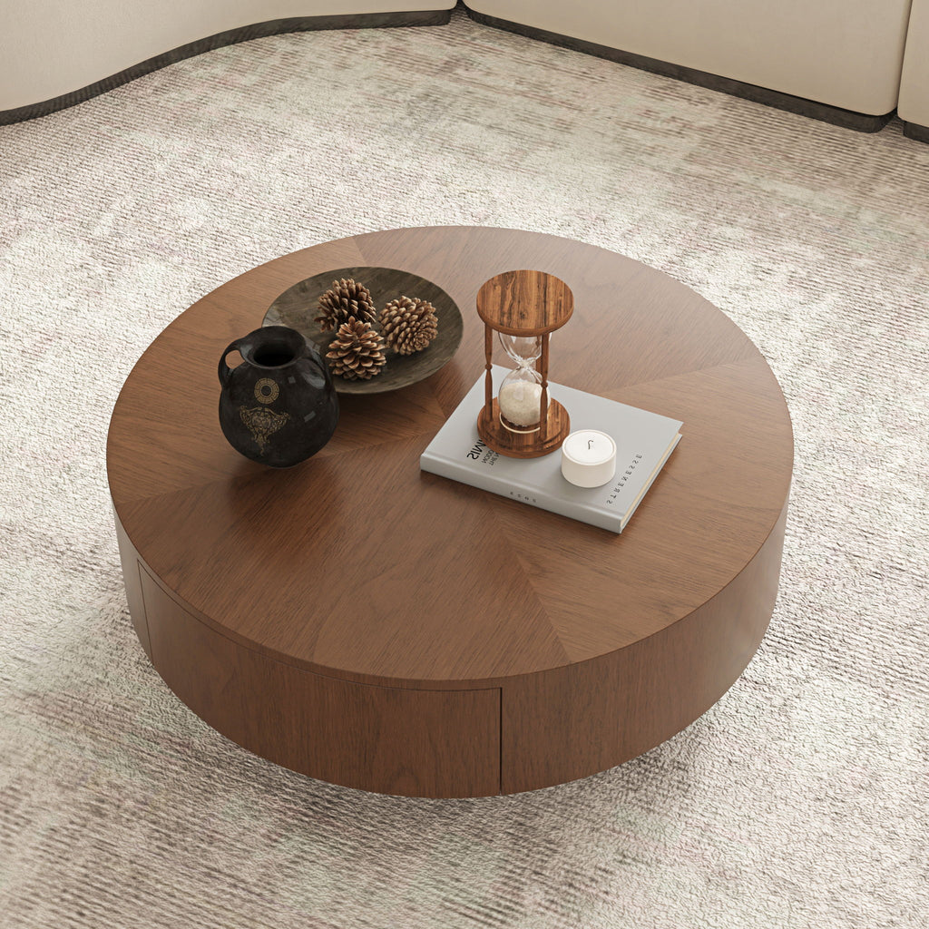 Drum Shaped Coffee Table With Hidden Storage Drawer, Low Profile For Living Room - Walnut