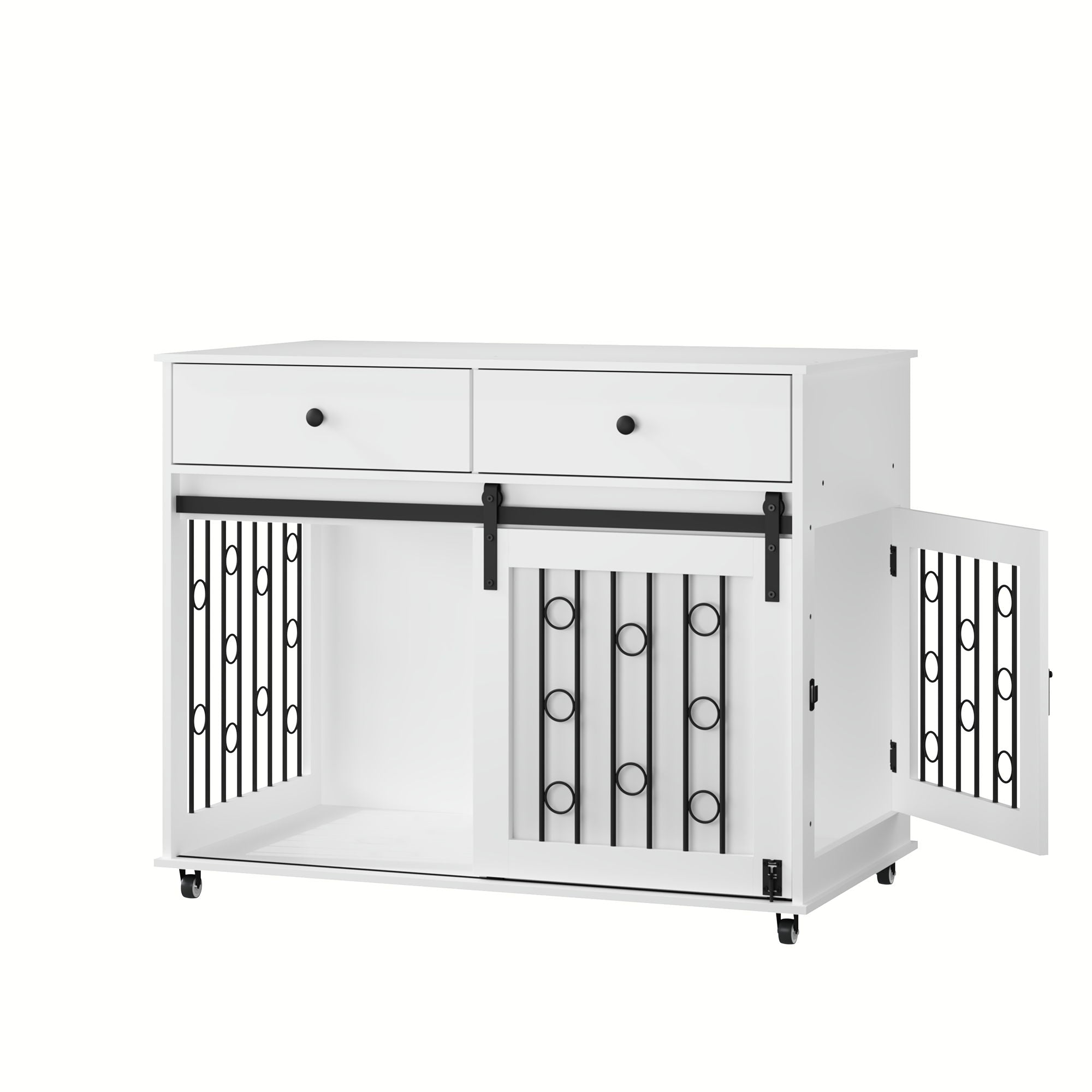 Dog Crate Furniture With Double Drawers And Sliding Barn Door, Pet Kennel For Small To Medium Dogs - White