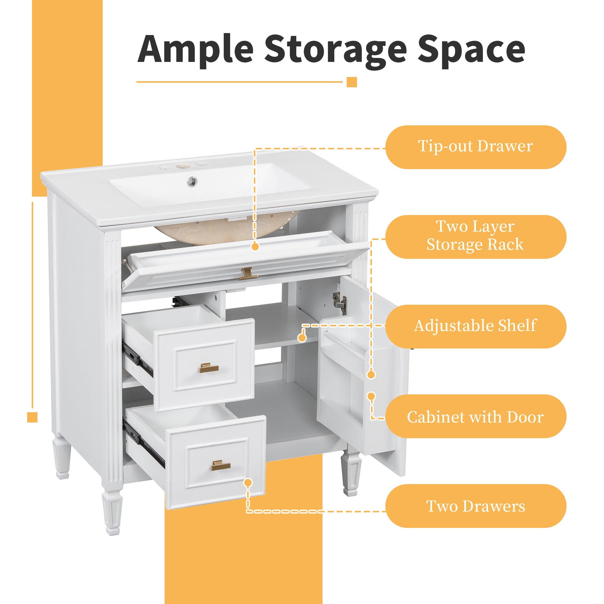 Modern Bathroom Vanity With Sink, 1 Flip Drawer And 2 Drawers, Adjustable Shelf