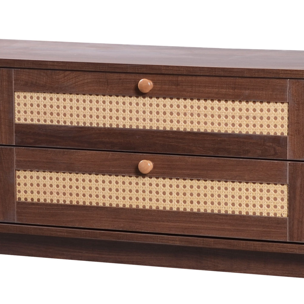 TV Stand For TVs Up To 75'', Cabinet With Drawers And Sliding Doors, Living Room Entertainment Console - Natural Wood / Brown