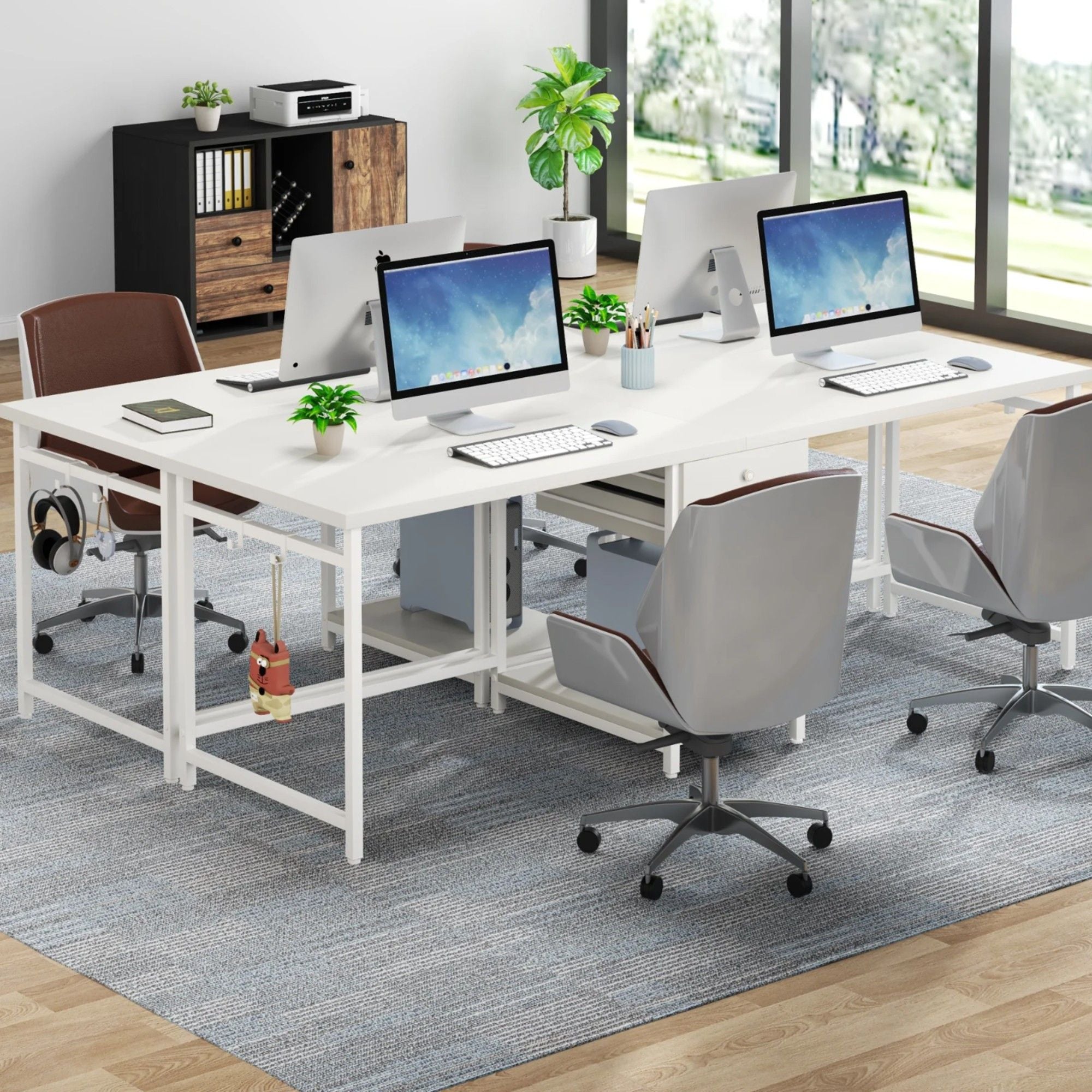 2 Person Computer Desk With Drawers And Shelves, Extra Long Double Workstation