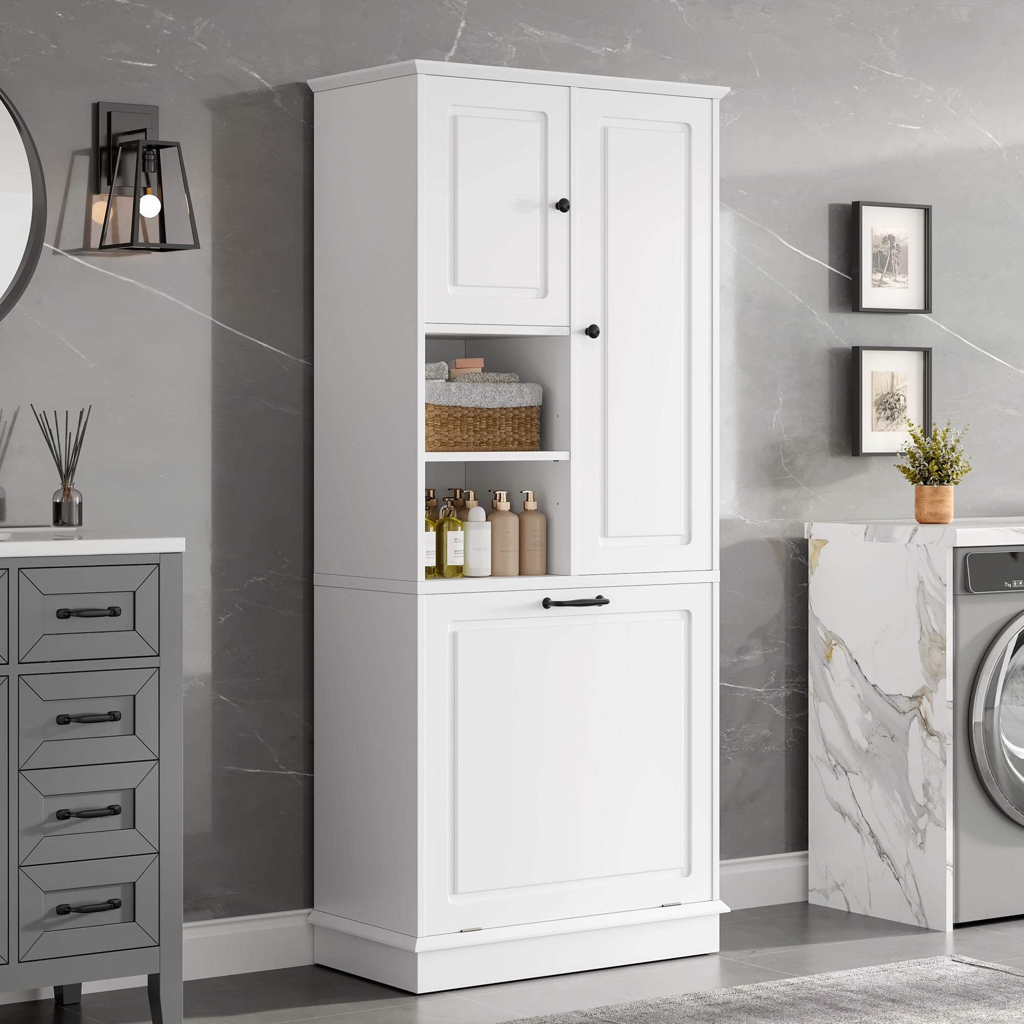 Modern Tall Storage Cabinet With Adjustable Shelves, Flip-Out Basket & Enclosed Doors