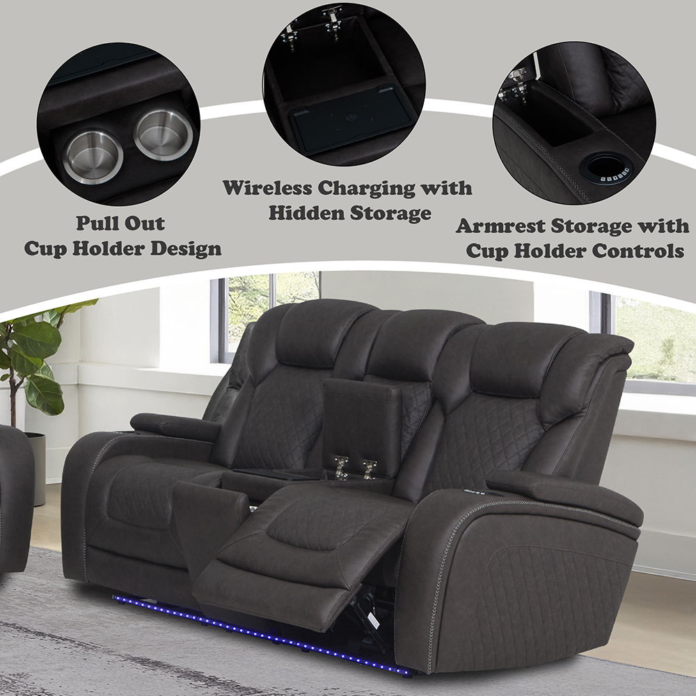 Wendell - Power Motion Loveseat With Console, Wireless Charger, Storage, USB & LED - Dark Gray