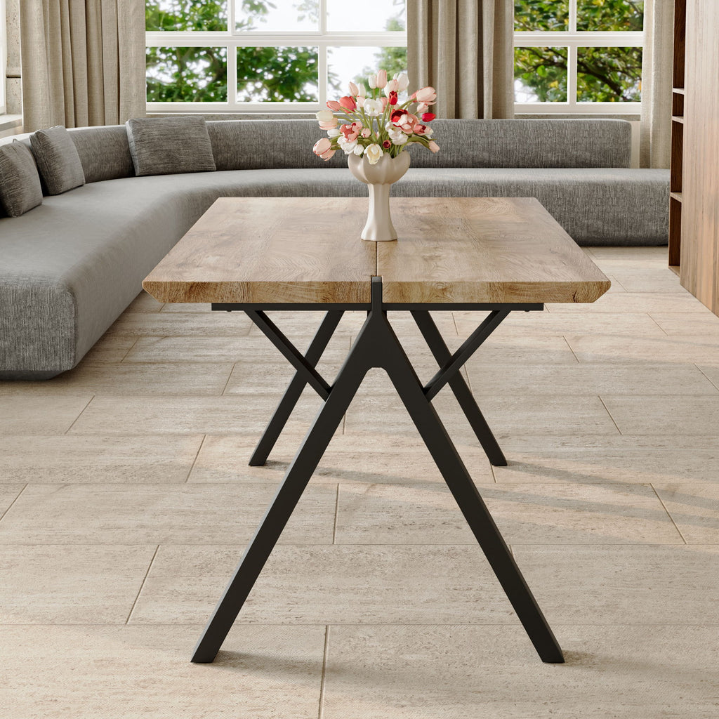 Wood Textured Dining Table With A Frame Legs.Density Board Sticker Pipe Spraying, Suitable For Various Occasions Such As Living Rooms - Black
