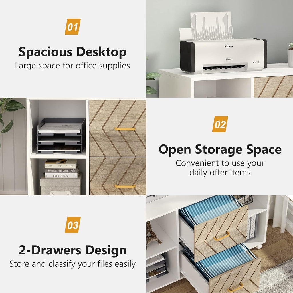 Large Mobile Lateral File Cabinet With 2 Drawers, Printer Stand & Storage Shelves, For Letter Size Files - White / Oak