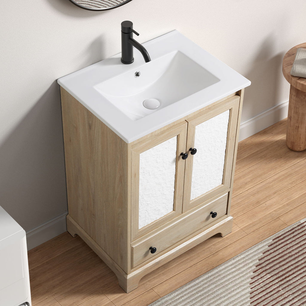 Bathroom Vanity Base, Cabinet With Carved Floral Doors - Natural Wood