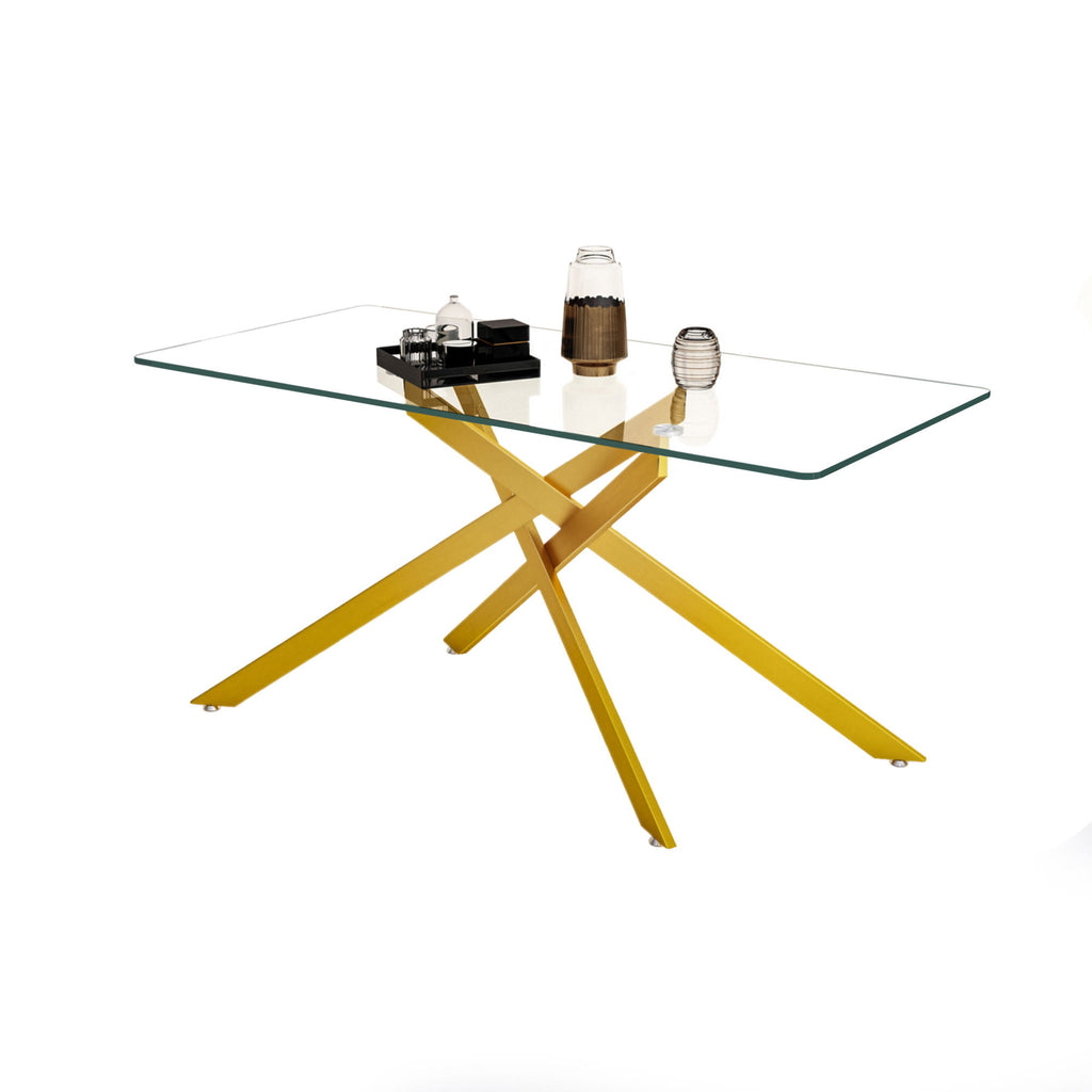 Stylish Design Rectangular Clear Tempered Glass Dining Table With Metal Legs