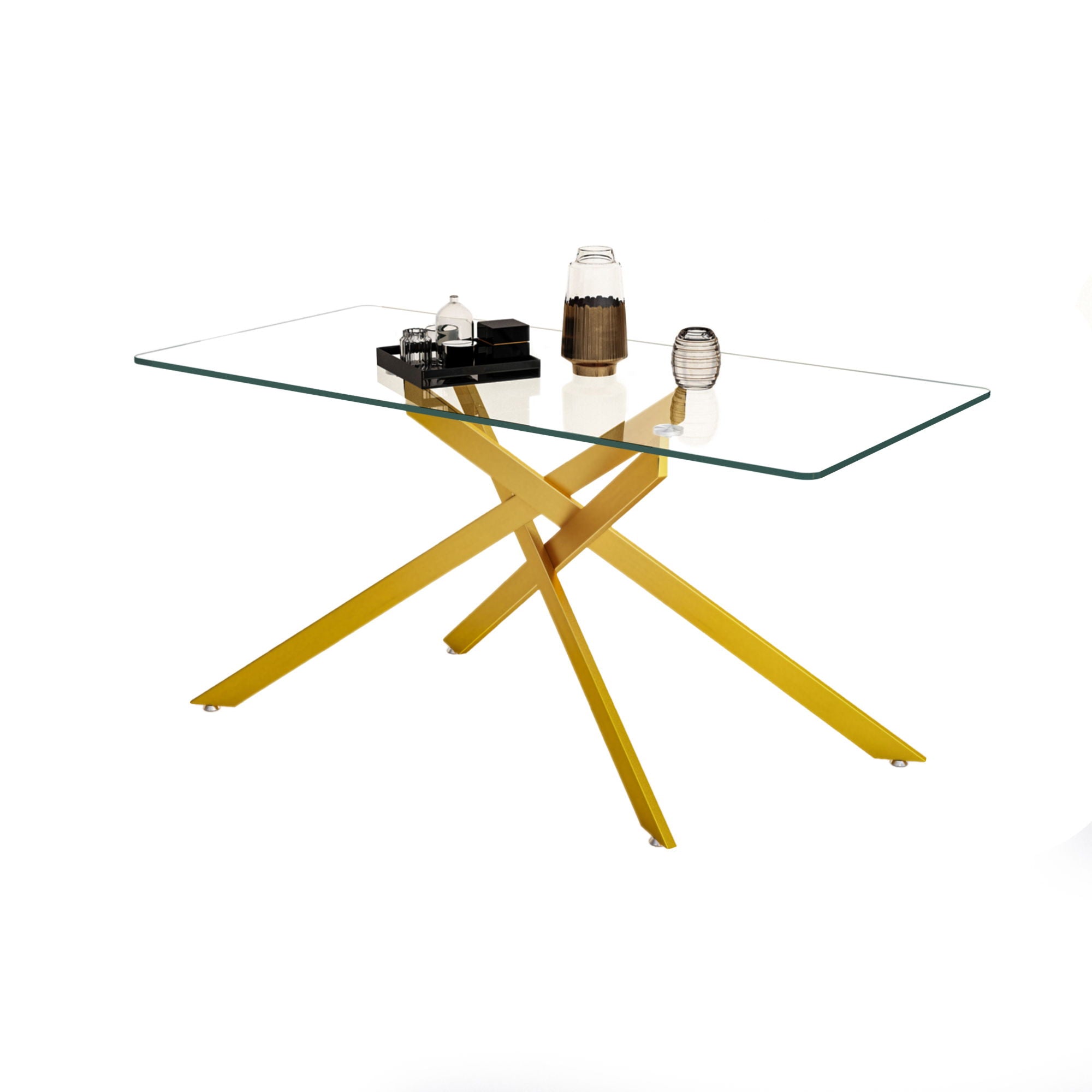 Stylish Design Rectangular Clear Tempered Glass Dining Table With Metal Legs