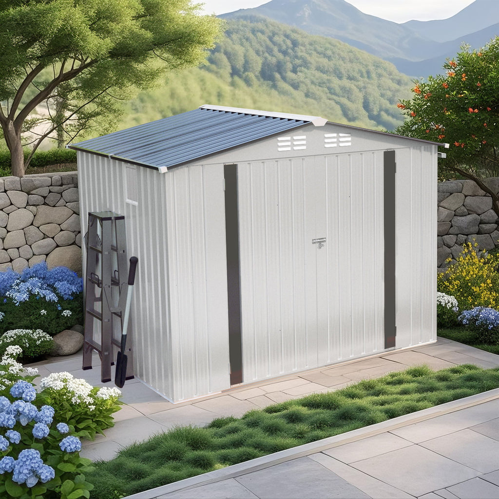 Outdoor Garden Storage Shed, Tool Shed With Pitched Roof Waterproof With 1 Window And 2 Lockable Door - White / Gray