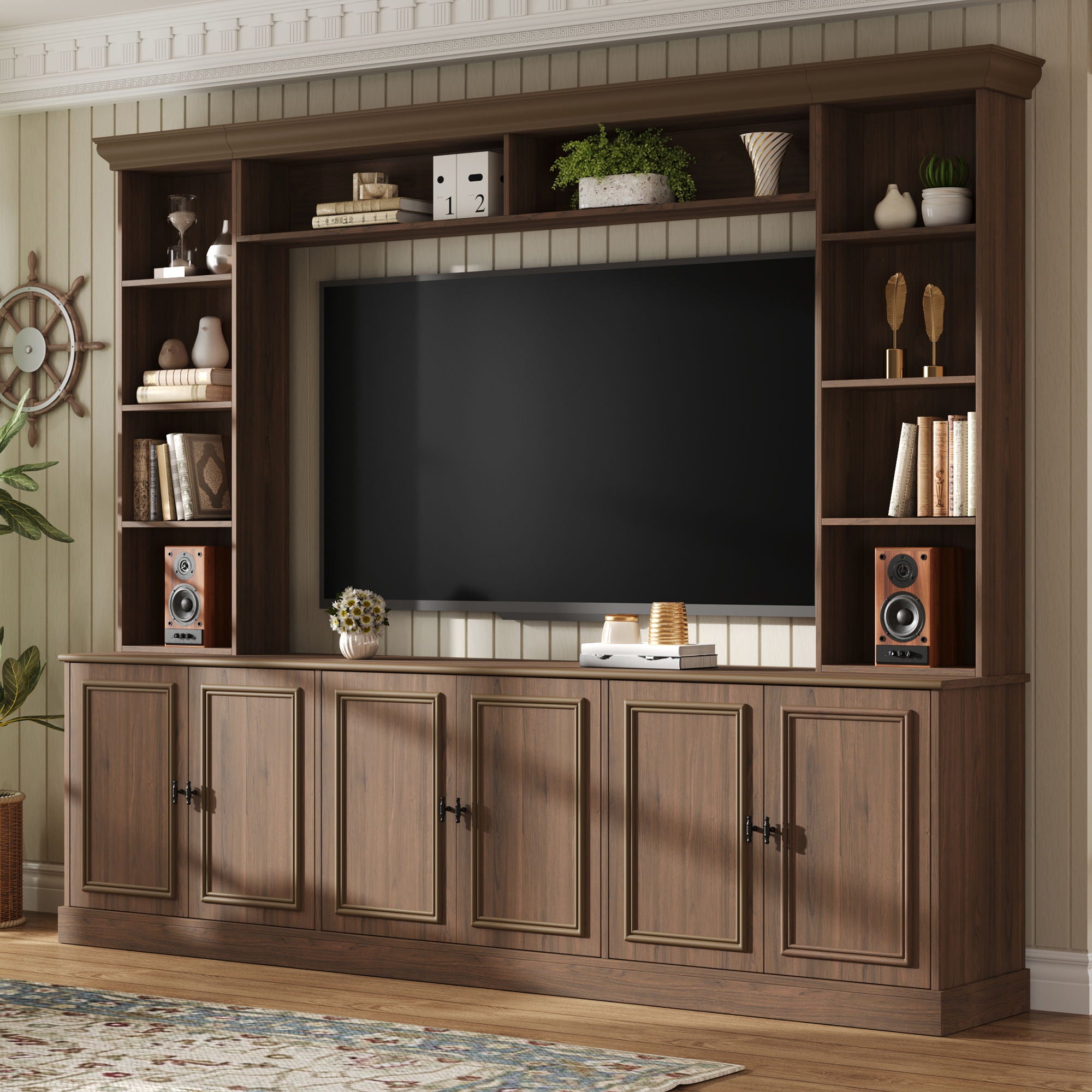4 Piece Wall Unit Entertainment Center With Bookshelf, TV Stand With Adjustable Shelf For Living Room - Walnut