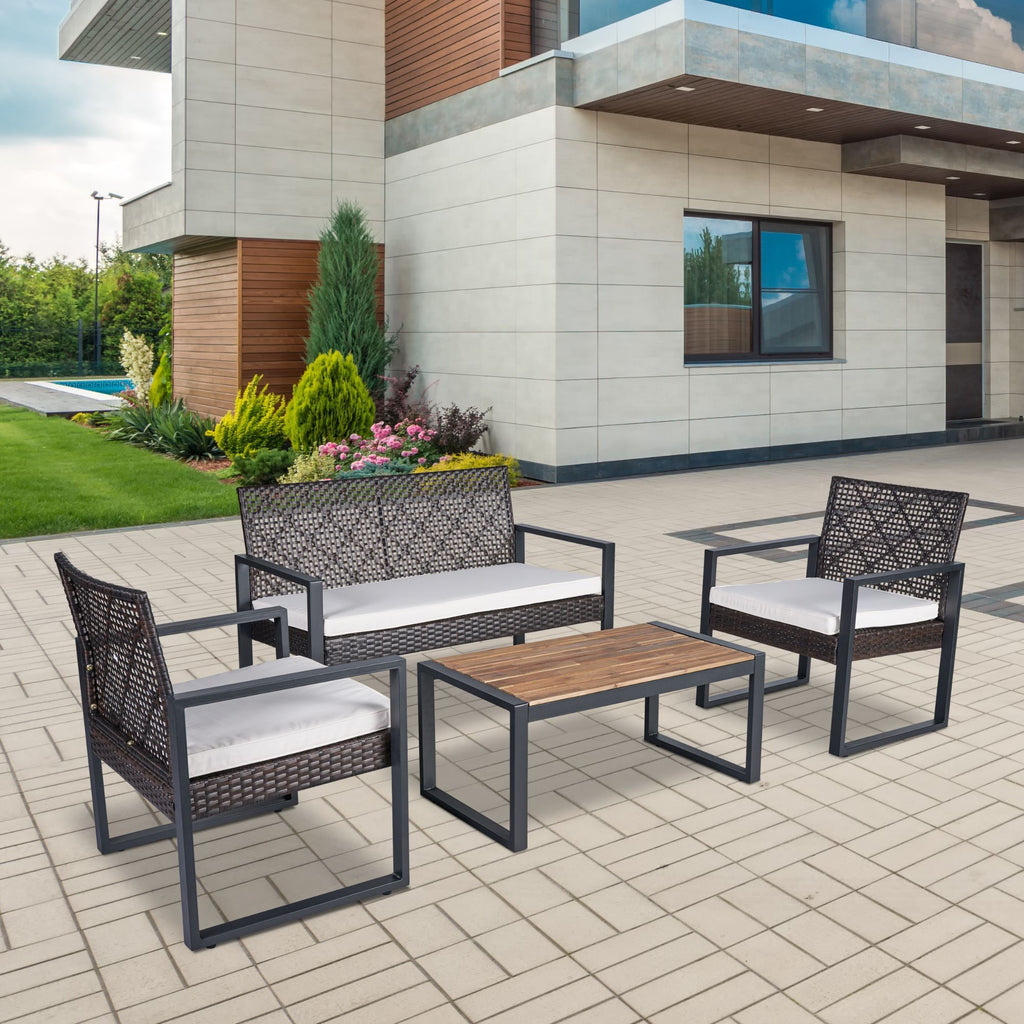 4 Piece Patio Furniture Set With Acacia Wood Table Top And Cushions