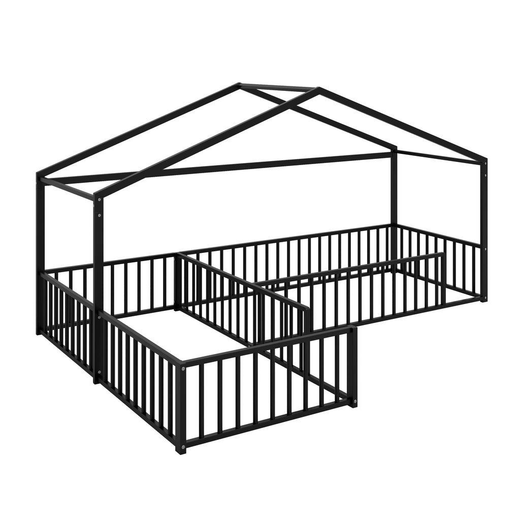 L-Shaped Montessori Bed For 2 Kids With Partitioned Fence