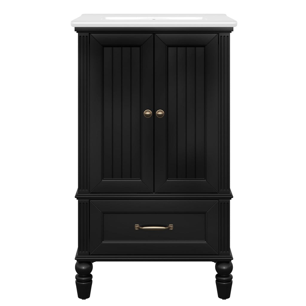20" Bathroom Vanity With Sink Cabinet With 2 Doors, 2 Drawer, Magnetic Door Stopper, Adjustable Feet, Drop In Sink - Black