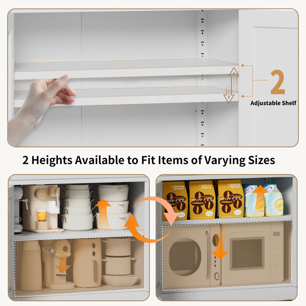 Kitchen Pantry Cabinet With Adjustable Shelves, Drawers, Hooks And Large Countertop - White