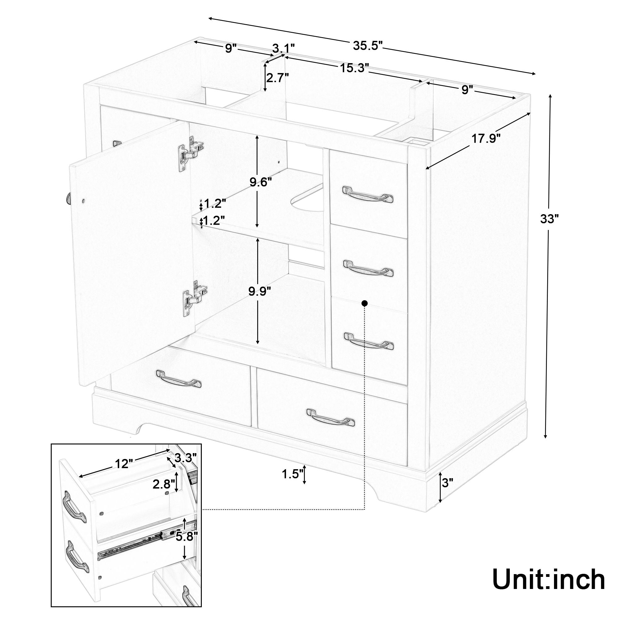 Modern Bathroom Vanity Base Only, 6 Drawer Storage With Adjustable Shelf