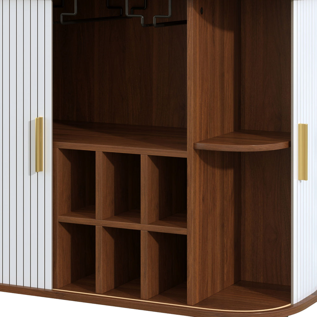 Fluted Liquor & Coffee Bar Cabinet With 6 Wine Racks And 3 Glass Holders