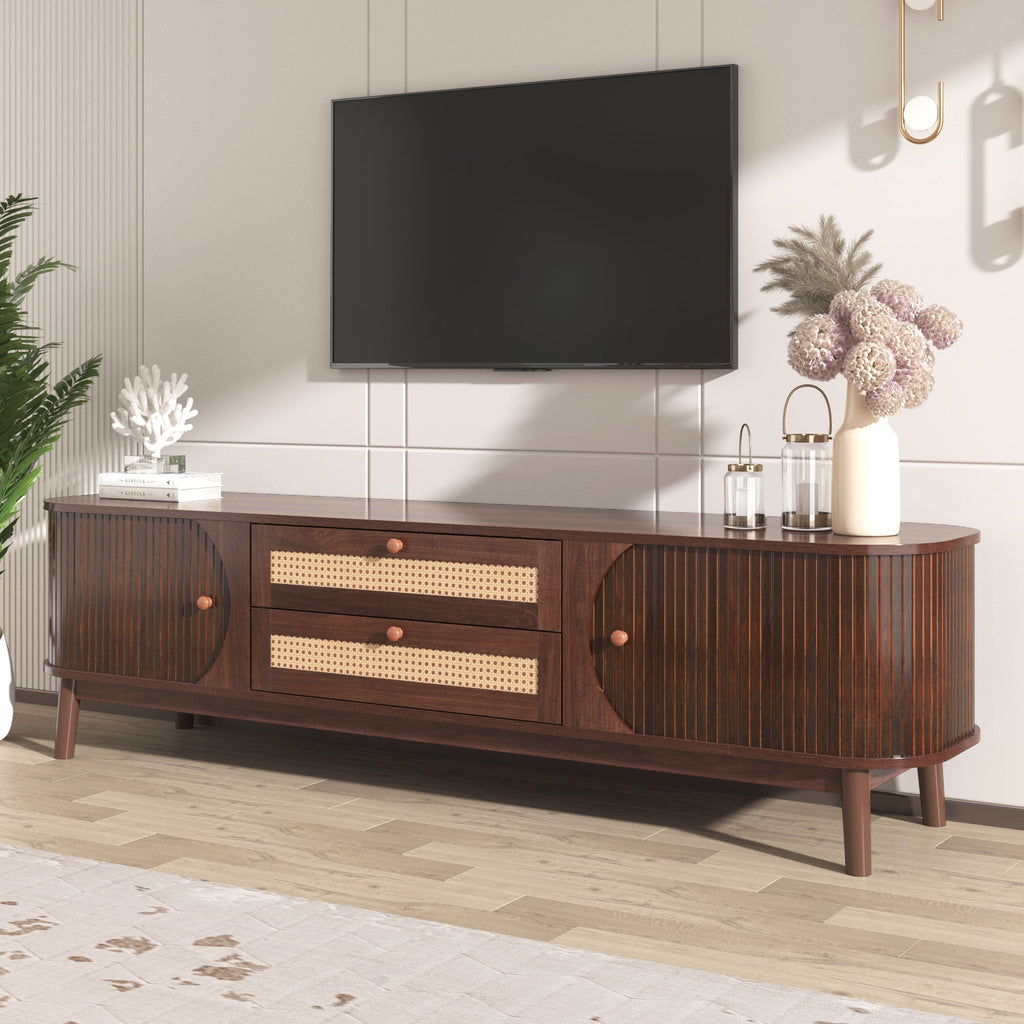 TV Stand For TVs Up To 75'', Cabinet With Drawers And Sliding Doors, Living Room Entertainment Console - Natural Wood / Brown
