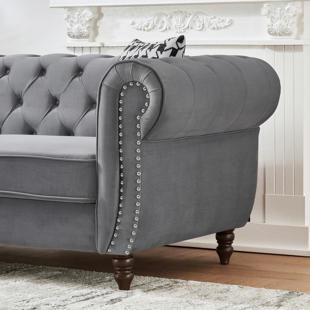Chesterfield Upholstery Fabric Sofa With Roll Armrest & Nailhead, Mid Century Modern 3 And 3 Seater Couch