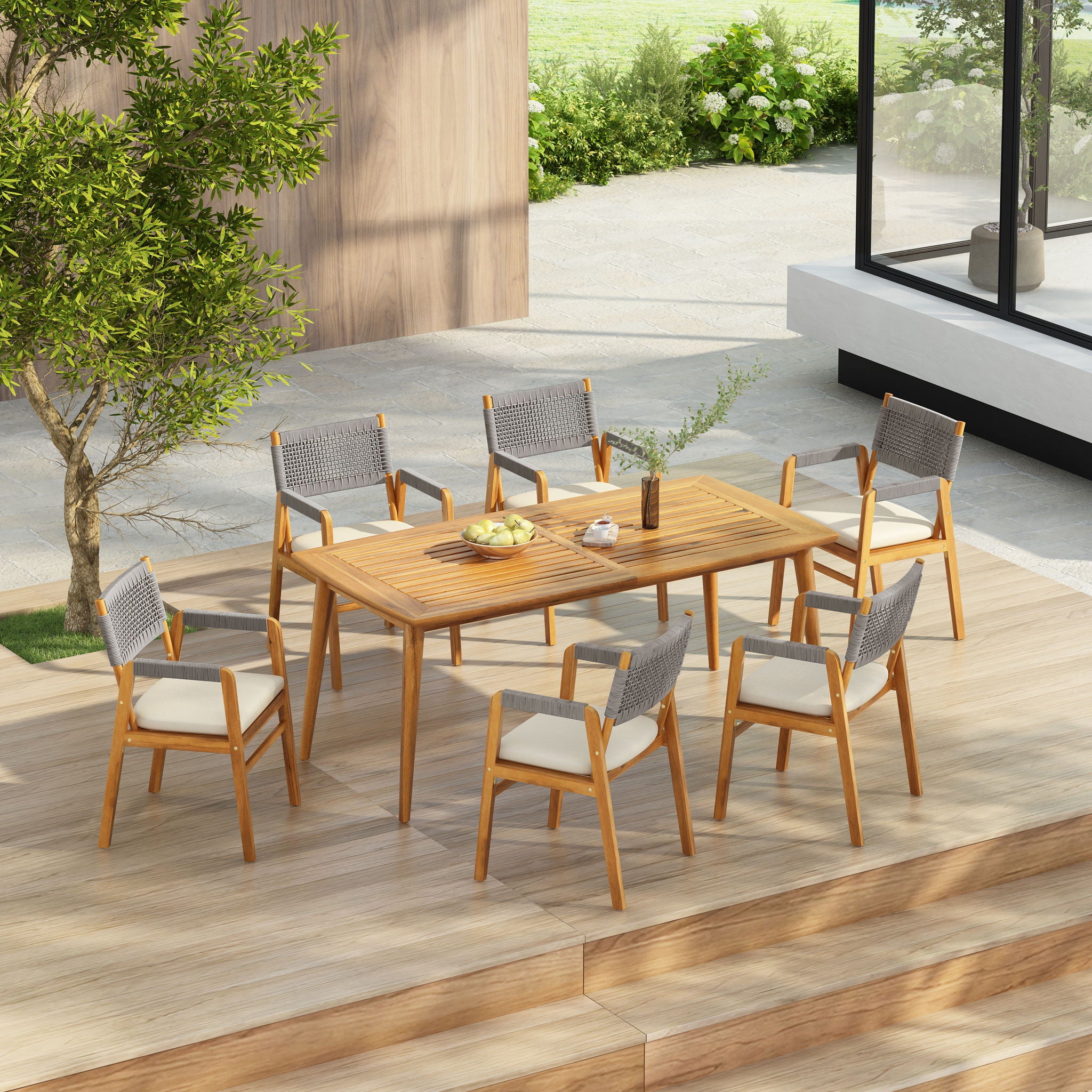 Outdoor 7 Piece Dining Set With Rope Woven Armchairs