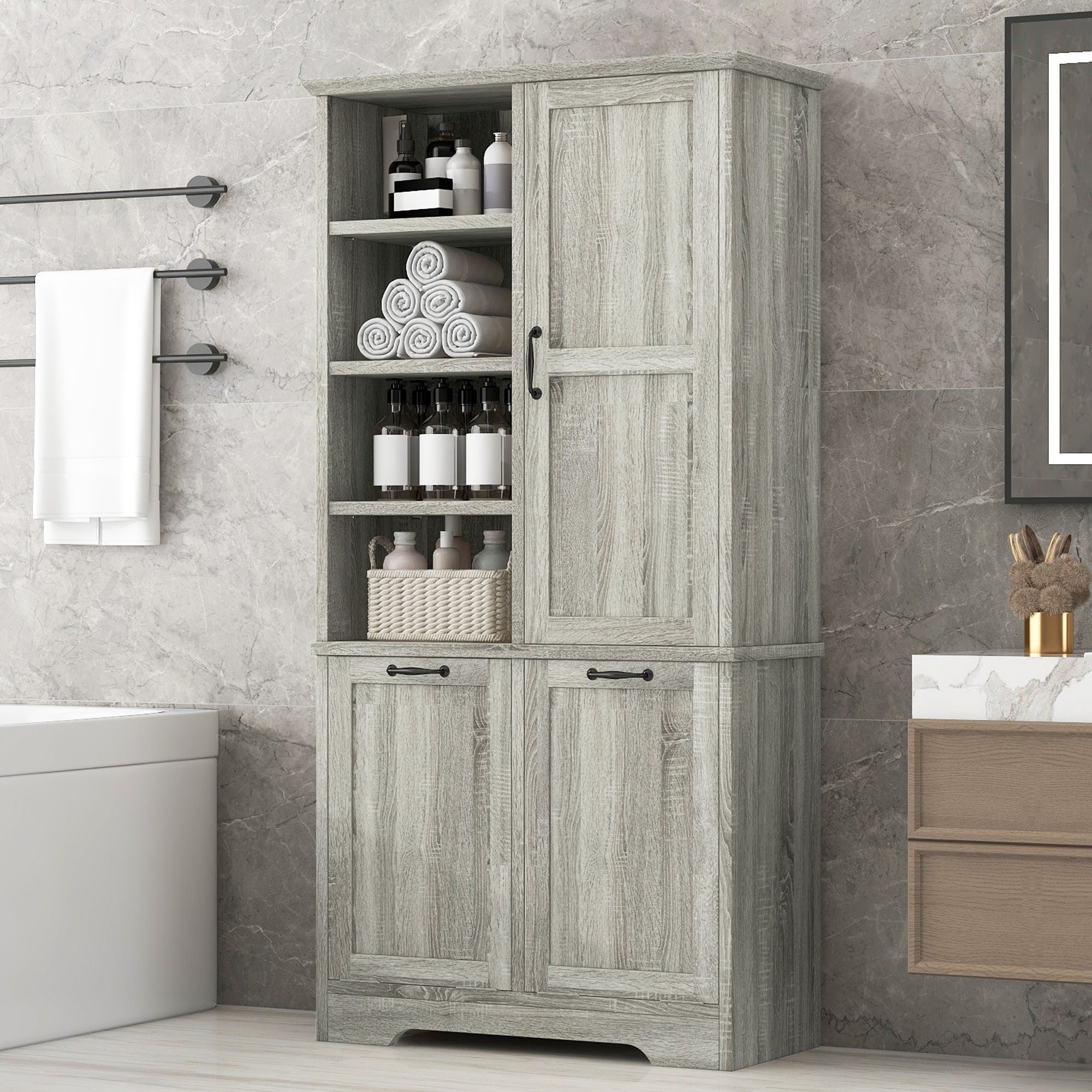 Freestanding Storage Cabinet With Doors, Tilt Out Drawers, Adjustable Shelves, Open Shelf, Bathroom & Laundry Room Organizer - Oak