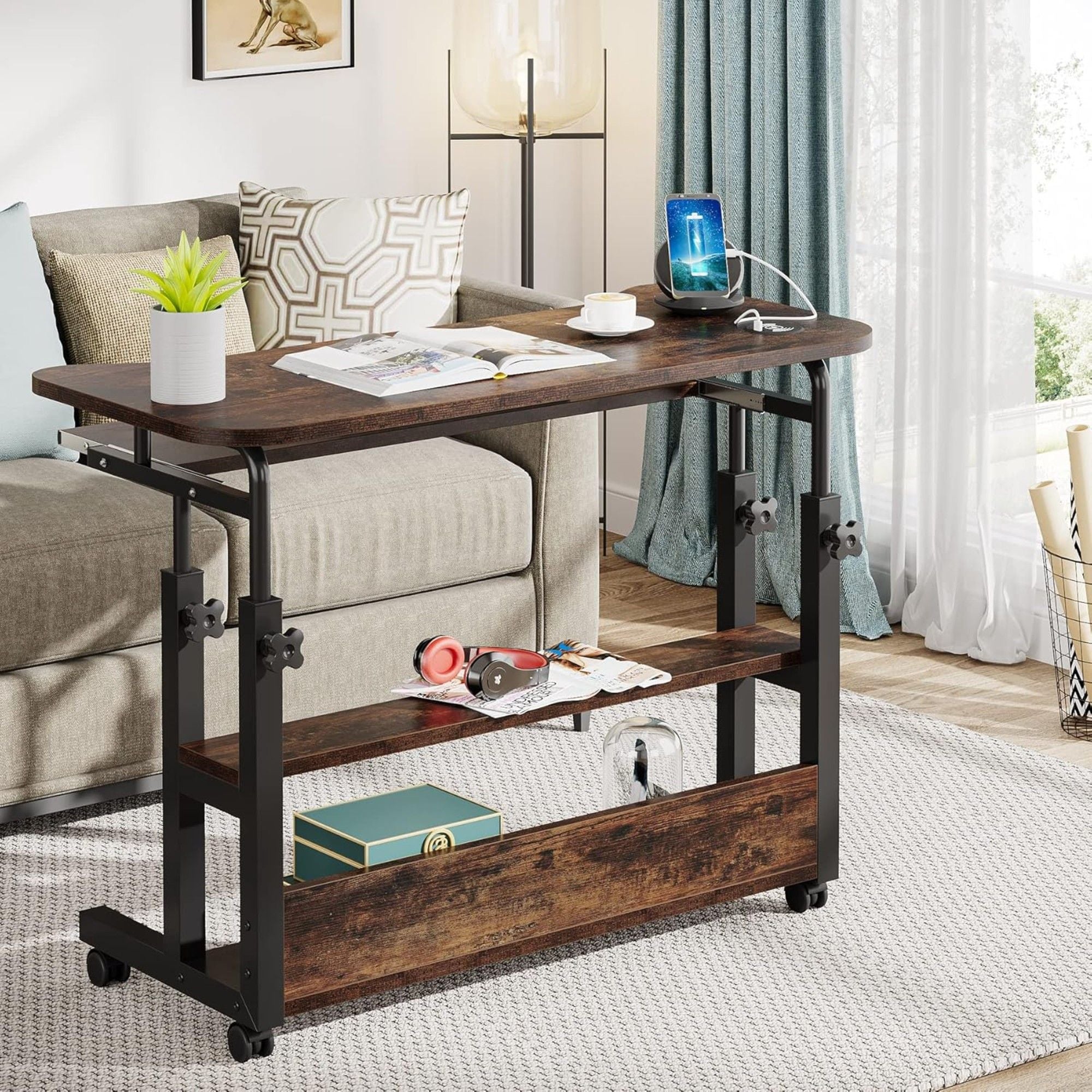 Portable Adjustable Desk With Power Outlets, USB Charging Ports, And Sliding Keyboard Tray - Brown / Black