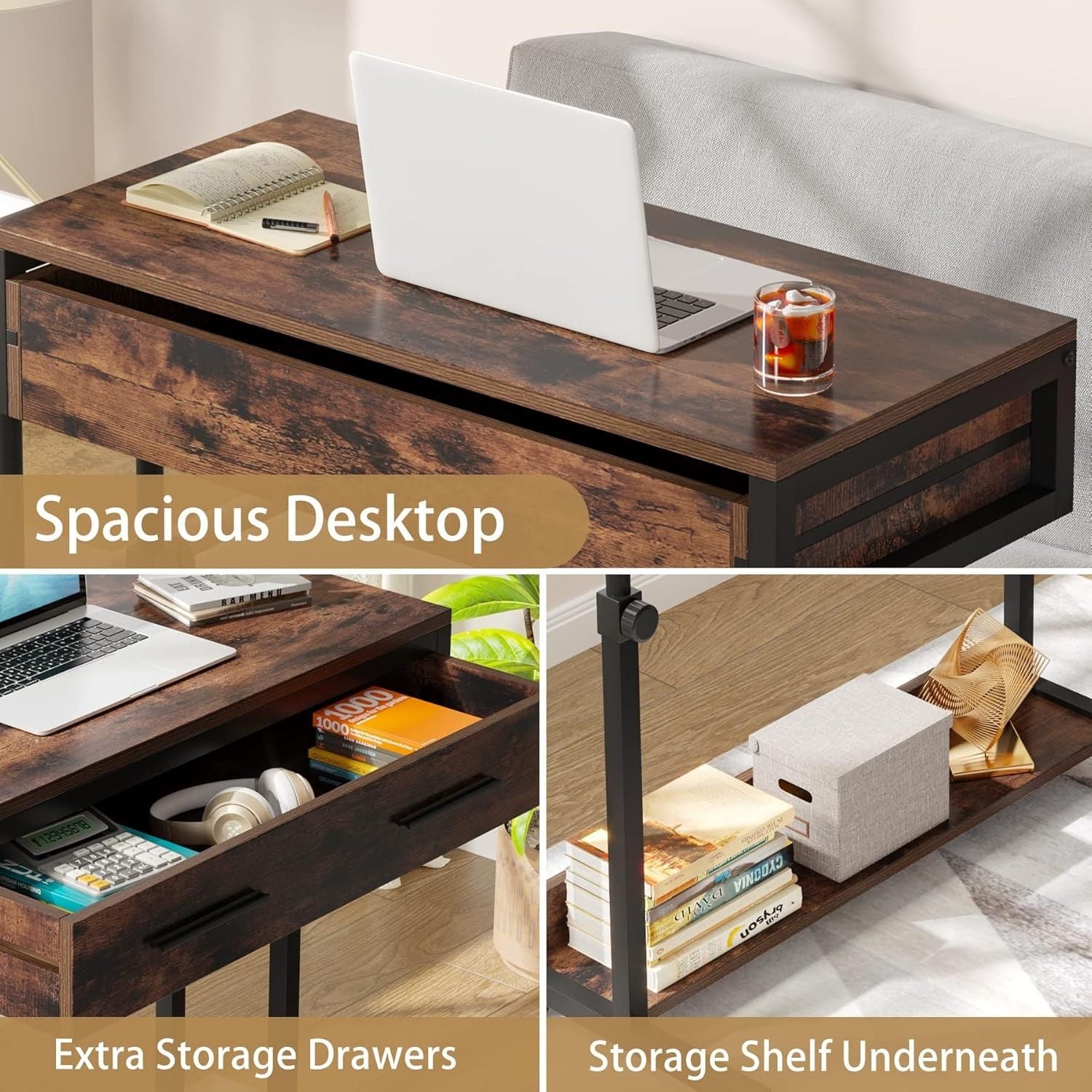 Portable Laptop Desk With Drawer & Wheels, Height Adjustable, Storage Shelf - Brown / Black